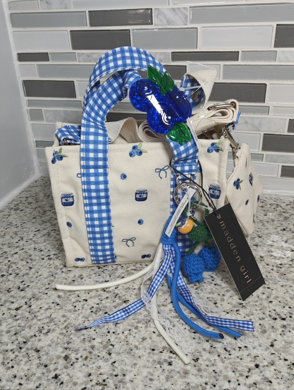 Madden Girl canvas tote bag embroidered (coquette blue gingham bows)